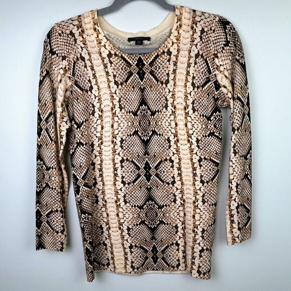 J.Crew Tippi Merino Wool Knit Sweater Cropped Sleeve Python Snake Print Beige XS - Picture 2 of 12